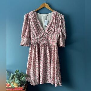 Lush Pink Floral V-Neck Mini Dress with Puff Sleeves